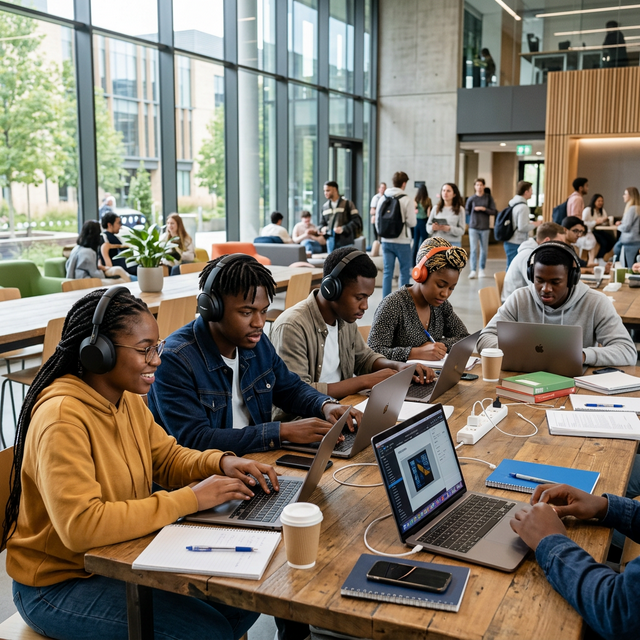 African students learning with laptops and headphones
